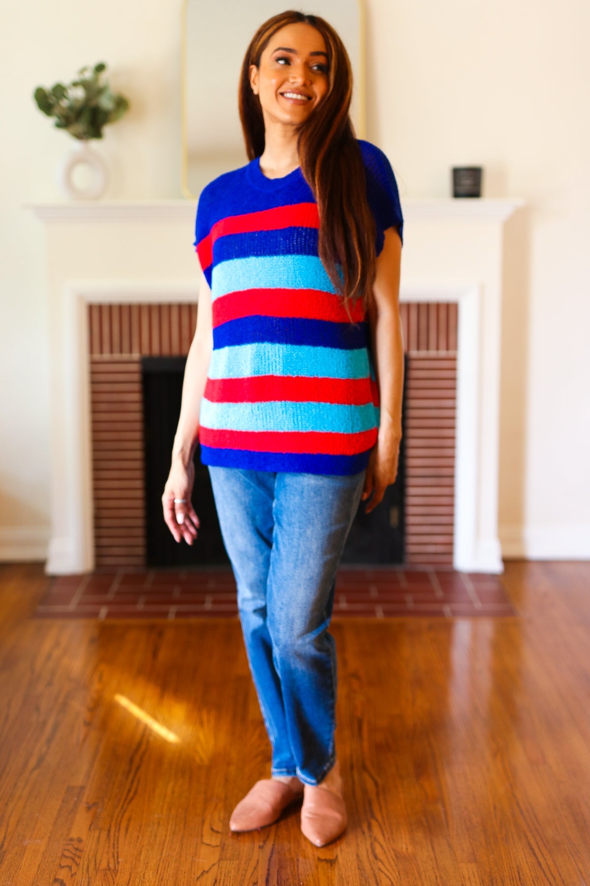 Forget Me Not Royal Blue Stripe Short Sleeve Dolman Sweater