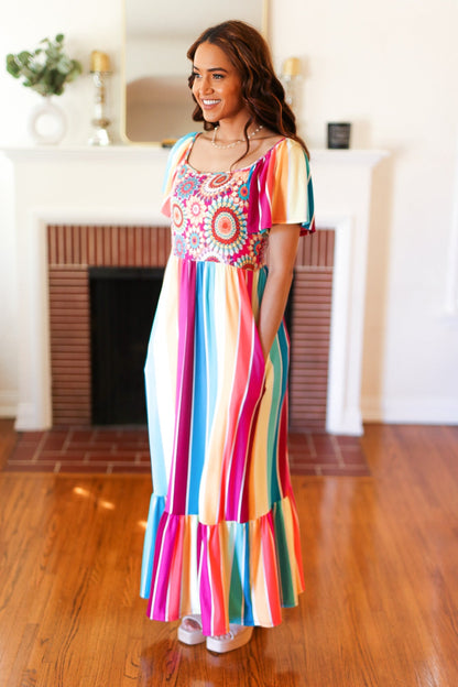 Feeling Bold Fuchsia & Teal Striped Medallion Crochet Print Dress