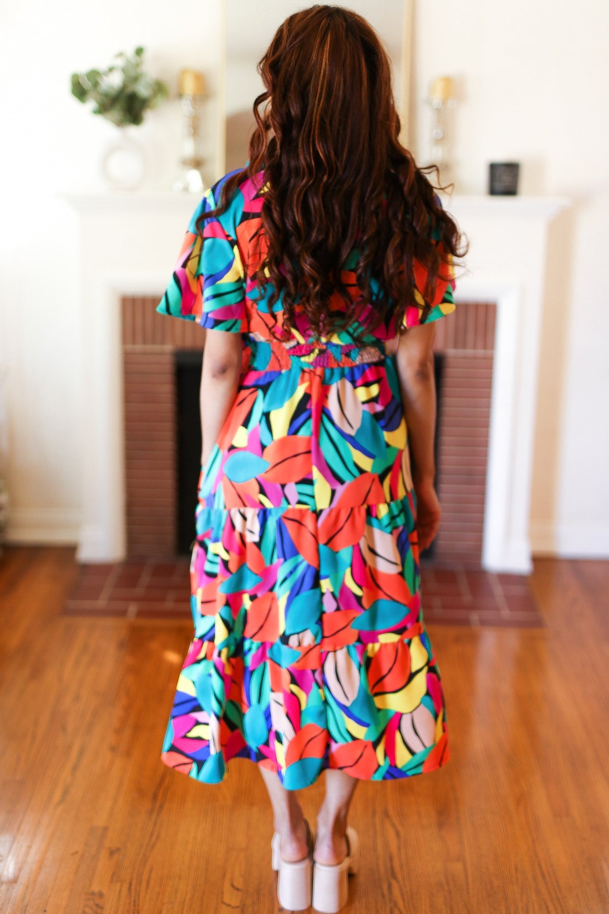 Be Bold Multicolor Abstract Tropical Print Smocked Waist Maxi Dress