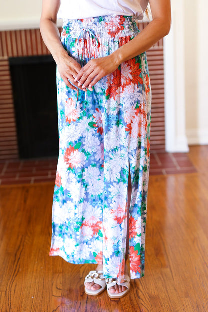 Vacay Vibes Green Floral Smocked Waist Side Slit Palazzo Pants