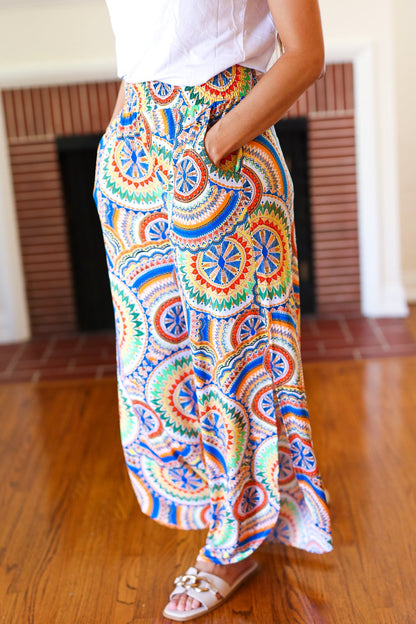 Multicolor Mandala Smocked Waist Side Slit Palazzo Pants