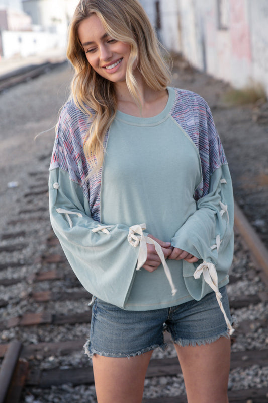 Mint Lace Up Long Sleeve French Terry Oversized Pullover