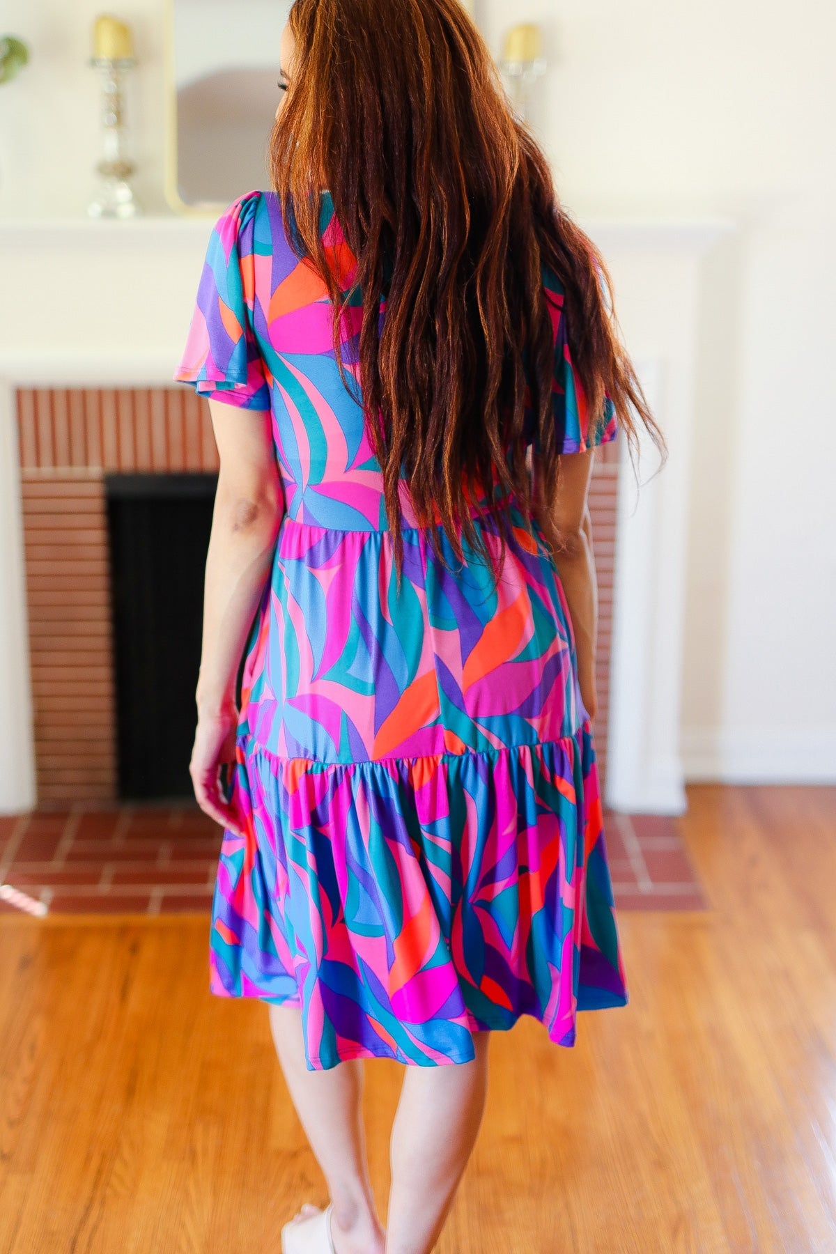 Remember Me Blue & Fuchsia Geo Print V Neck Dress