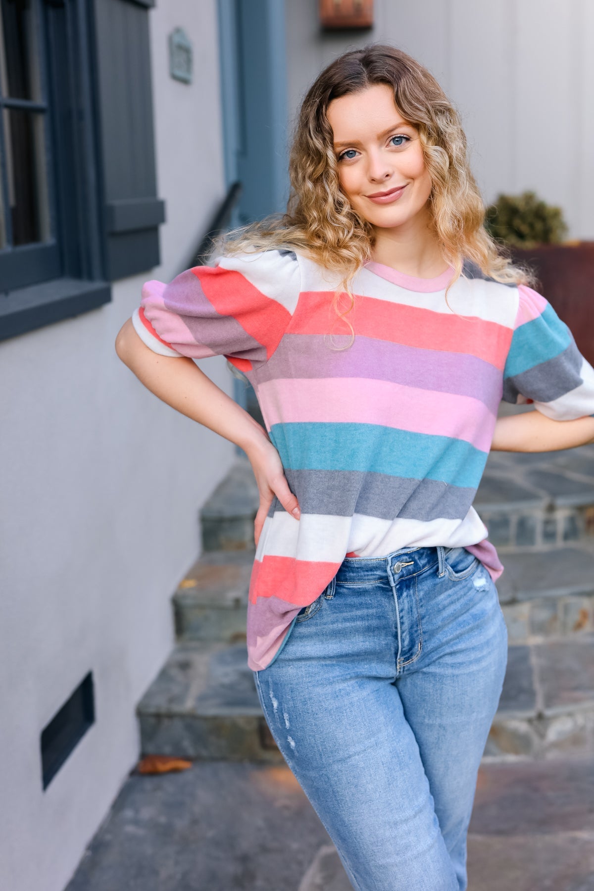 Look Out Teal & Rose Striped Hacci Knit Puff Sleeve Top