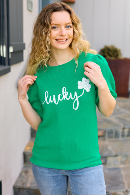 Lucky Lady Shamrock Green Sequin Puff Sleeve Knit Top