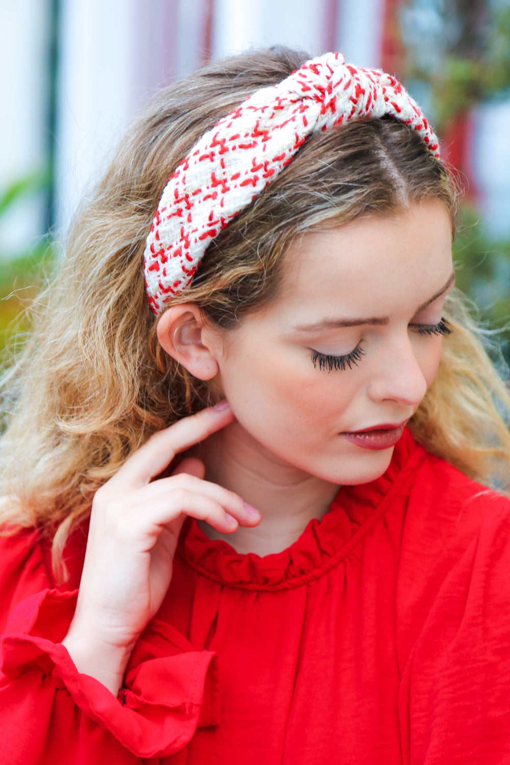 Cream Gold & Red Knit Top Knot Headband