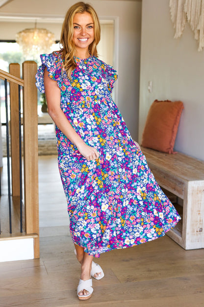 Just A Dream Navy Floral Smocked Ruffle Sleeve Maxi Dress