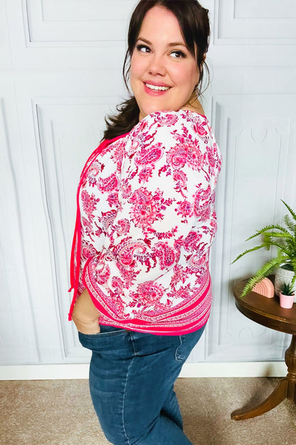 Make A Statement Fuchsia Paisley Boho Front Tie Top