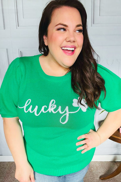 Lucky Lady Shamrock Green Sequin Puff Sleeve Knit Top