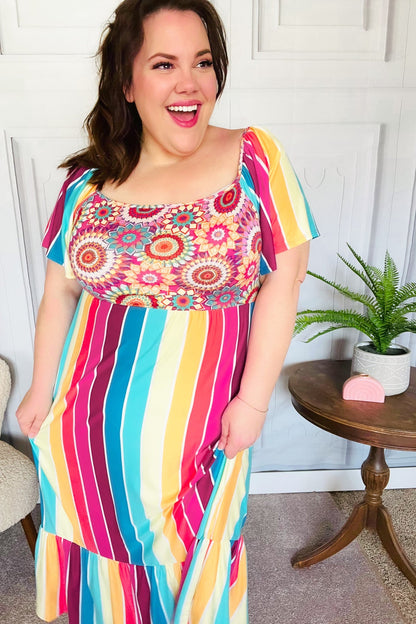 Feeling Bold Fuchsia & Teal Striped Medallion Crochet Print Dress