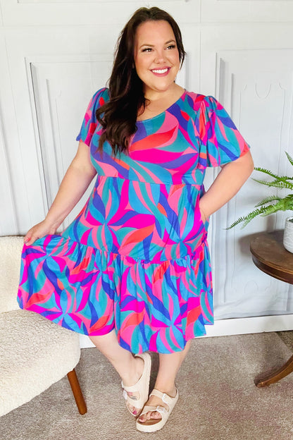 Remember Me Blue & Fuchsia Geo Print V Neck Dress