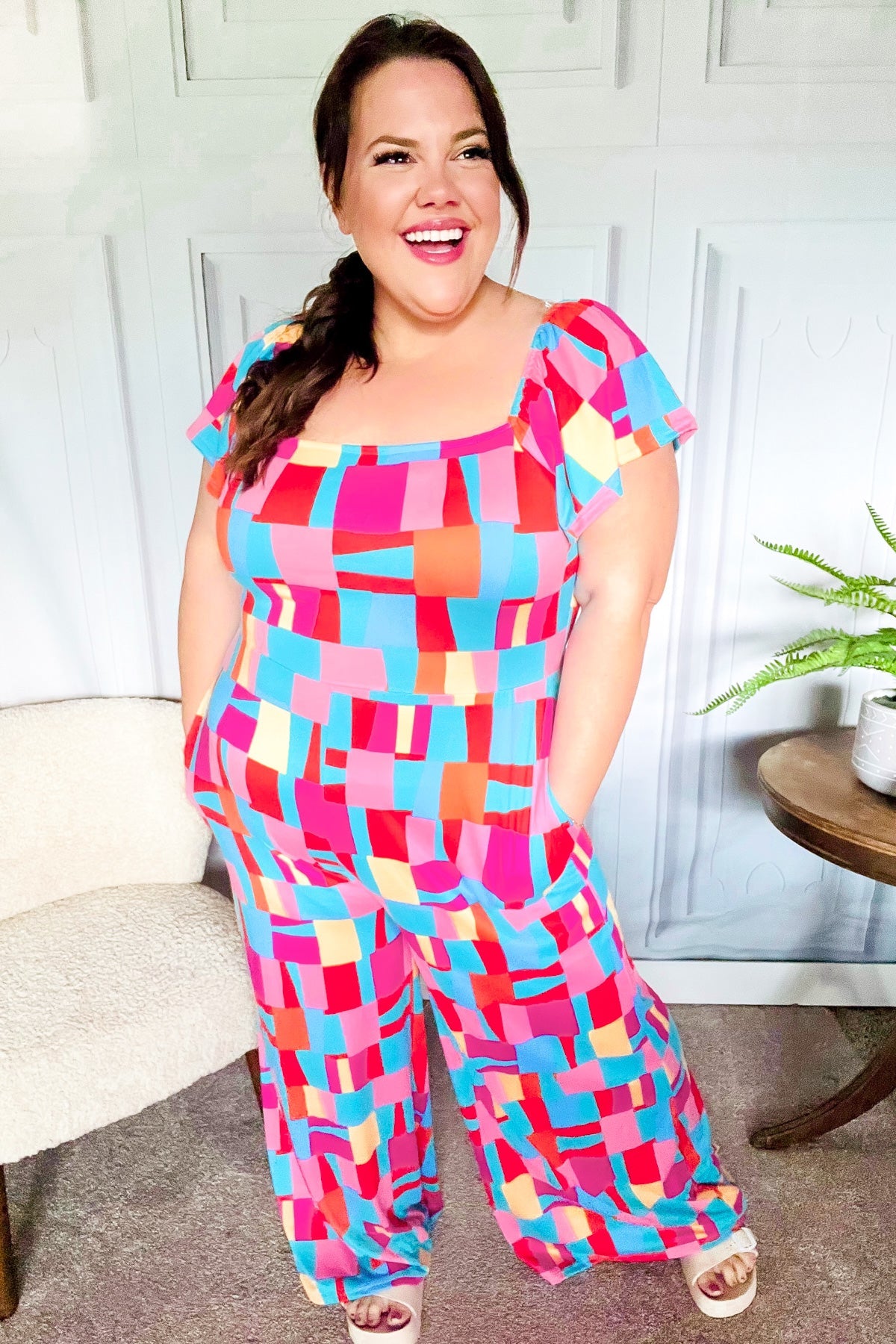 Scarlet & Aqua Geometric Print Wide Leg Jumpsuit