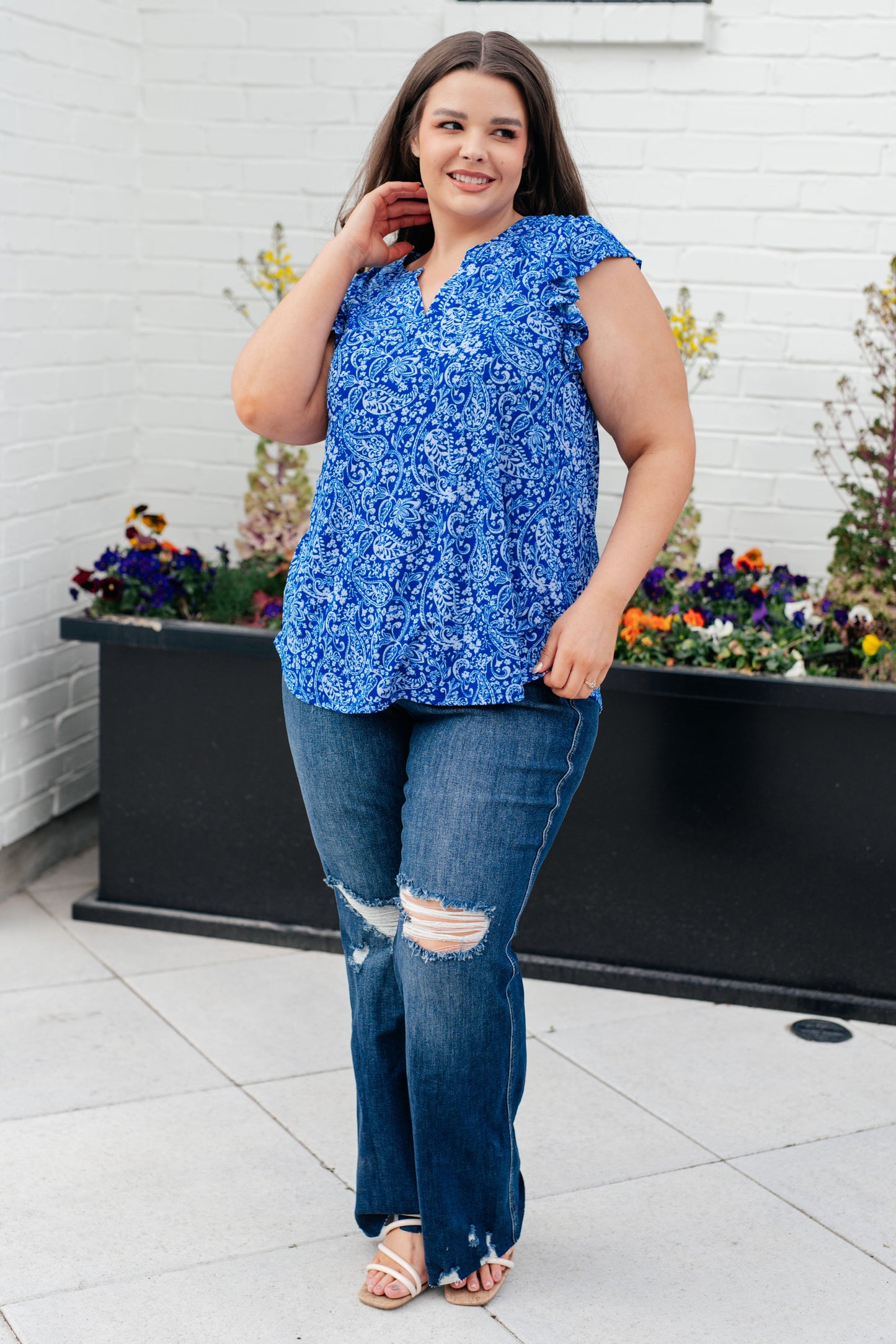 Lizzy Flutter Sleeve Top in Royal Blue and White Floral